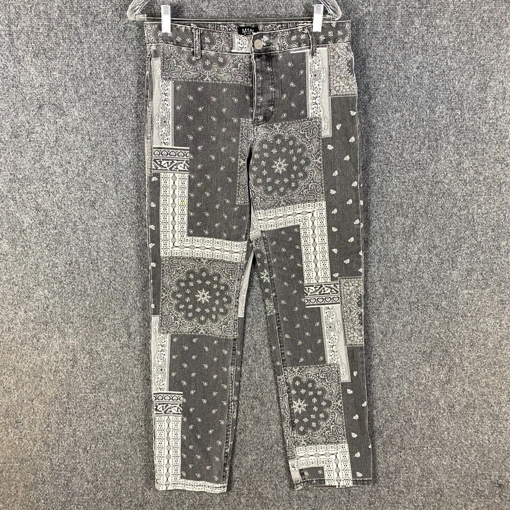 Boohoo Man Jeans‎ Men's 30 S Floral Gray Denim Button Fly Cotton Blend